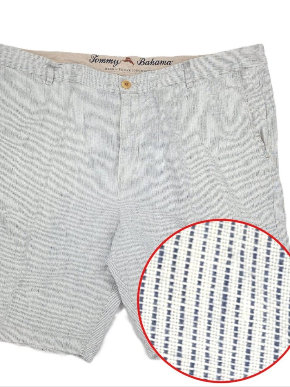 Tommy Bahama Shorts Mens 40x9" White Blue Beach Chino 100% Linen Striped Casual